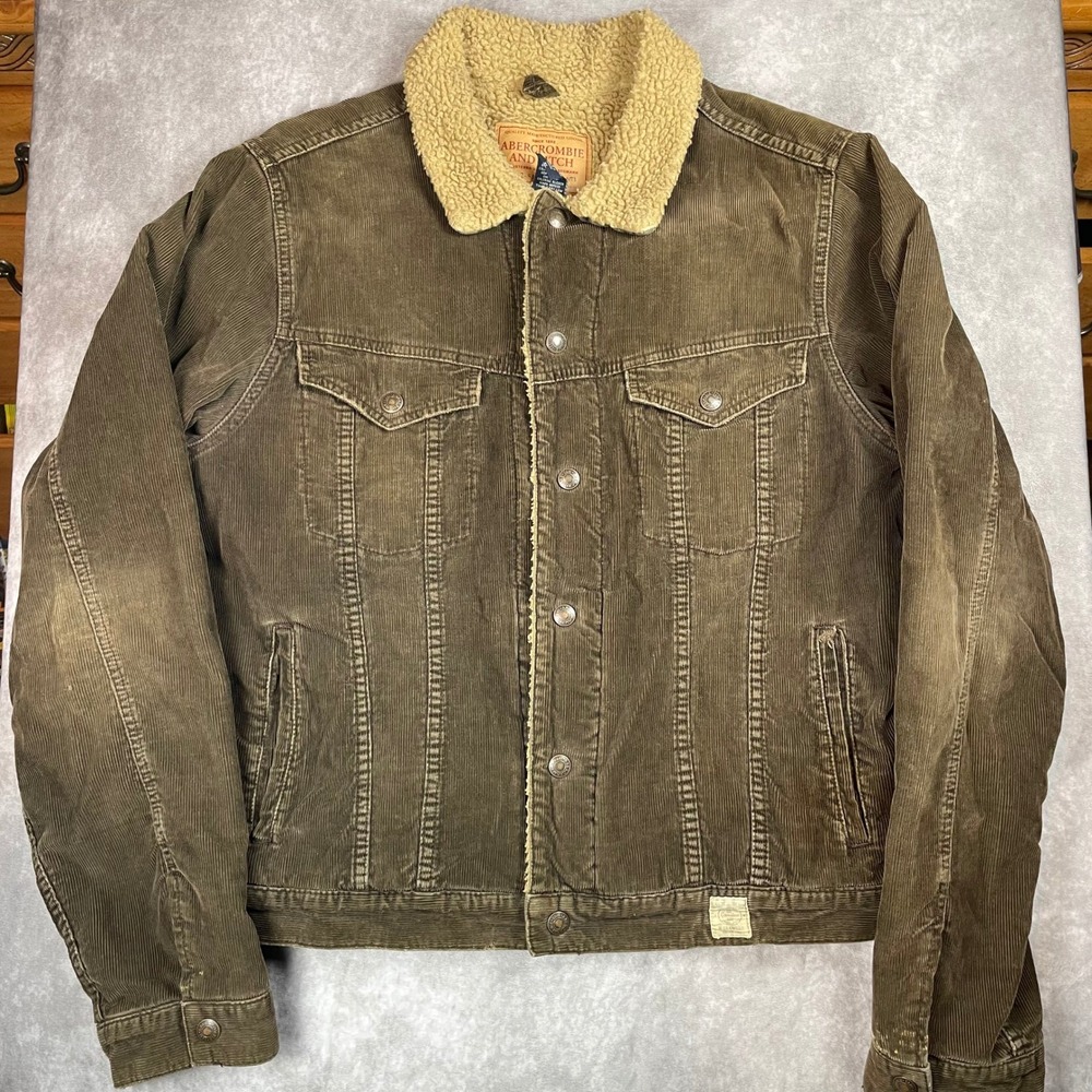VTG Abercrombie & Fitch Mens XL Corduroy Sherpa Lined Trucker Jacket Brown